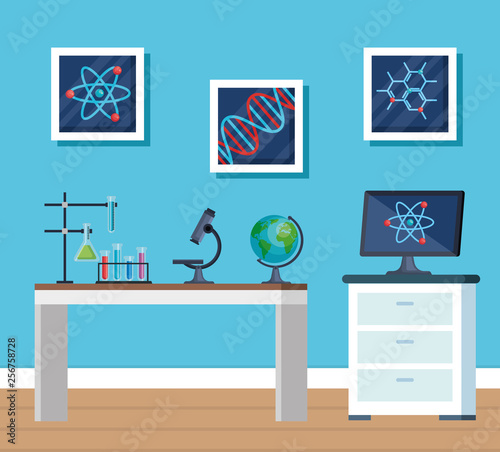 chemistry office with erlenmeyer flask and microscope