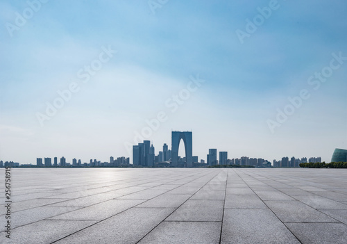 empty brick floor and cityscape of modern city near , shuzhou,