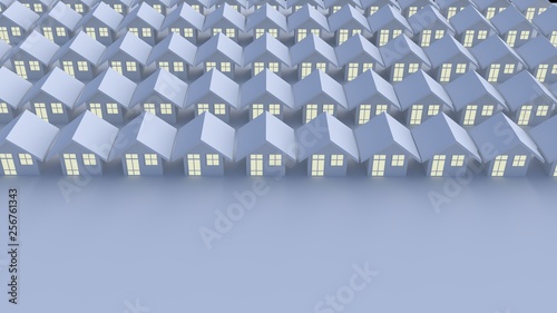 3D rendering illustration: The white house with the same pattern, arranged in a crowded row