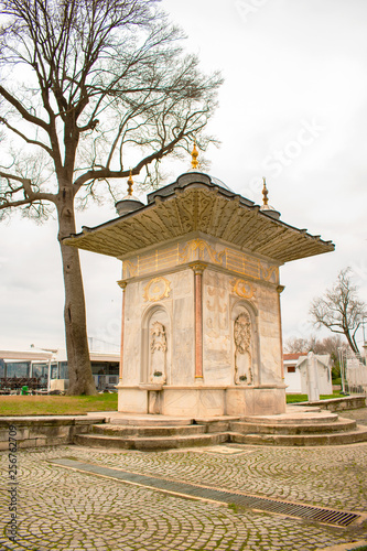 The Fountain of K      ksu Mihri  ah Sultan   e  mesi. Sultan III. Selim s Mother Mihri  ah Sultan Fountain. Baroque architectural fountain in the Ottoman Empire period.