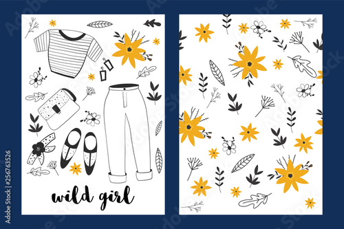 Vintage fashion clothes hand drawn vector print. Illustrations for cards, posters, cards, t-shirts, book, textile.