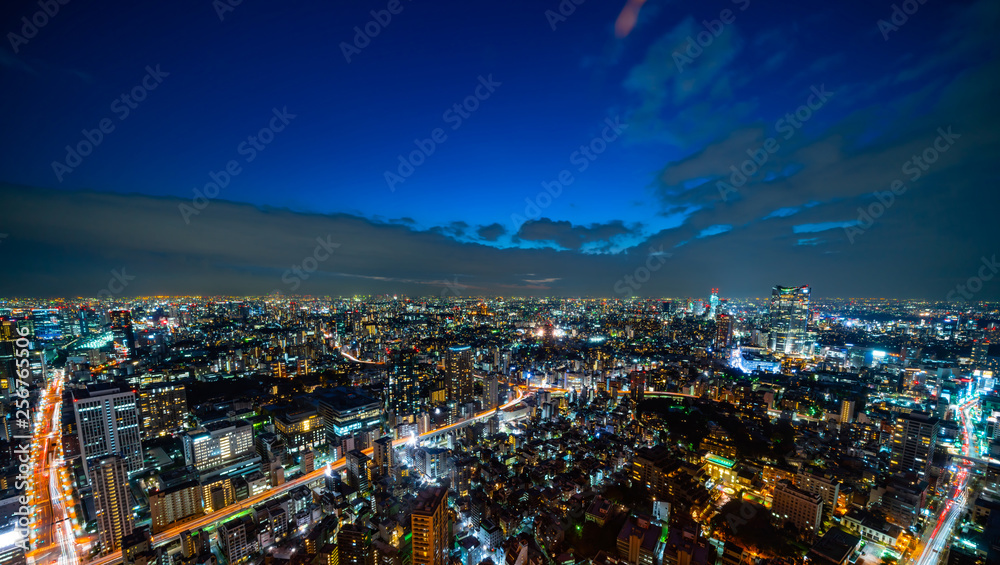 city skyline aerial night view in Tokyo, Japan