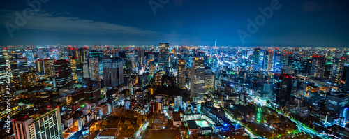 city skyline aerial night view in Tokyo, Japan photo