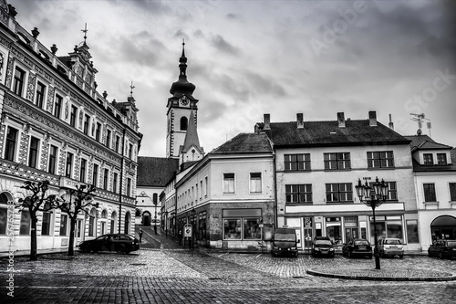 Pisek city. Czech Republic. Black and white photo.