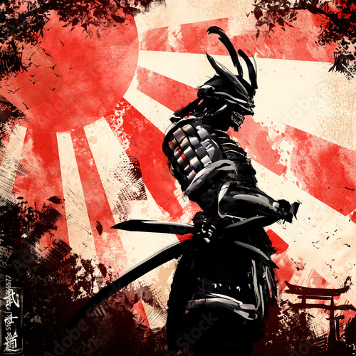 Fototapeta A samurai stands holding his hand on a katana, behind a red sunset,the inscripti