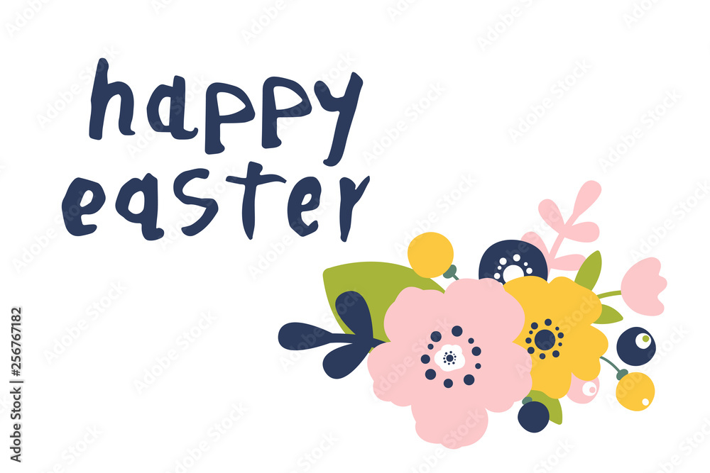 Vector illustration of Happy Easter text. Flat design spring banner of modern calligraphy style. Vector Easter poster background template Vector illustration of Happy Easter text. Flat design spring banner of modern calligraphy style. Vector Easter poster background template