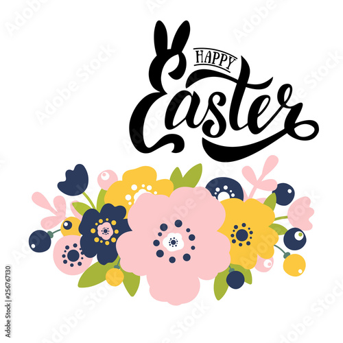 Vector illustration of Happy Easter text. Flat design spring banner of modern calligraphy style. Vector Easter poster background template