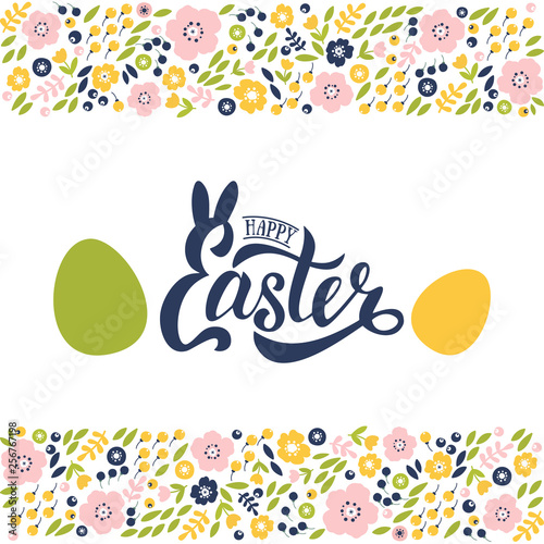 Vector illustration of Happy Easter text. Flat design spring banner of modern calligraphy style. Vector Easter poster background template