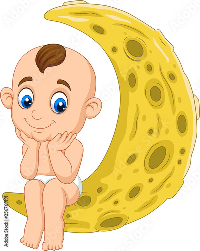 Cartoon baby boy sitting on the moon