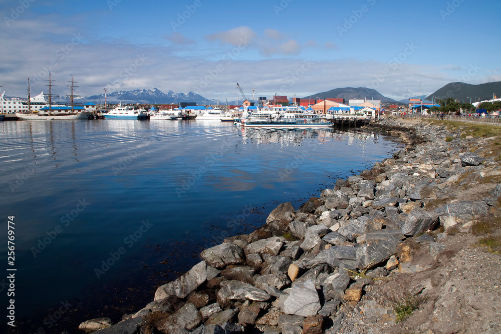 Ushuaia Argentina, view of the harbor along the foreshore