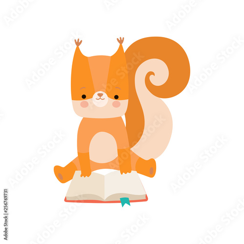 Cute Squirrel Reading Book, Adorable Smart Animal Character Sitting with Book Vector Illustration