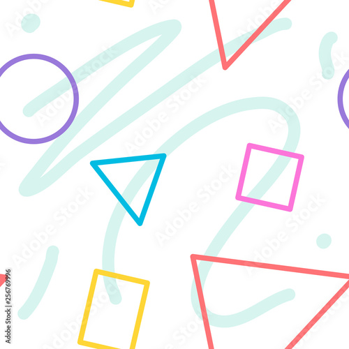 Colourful pastel seamless geometric flat mix basic line shapes rectangle square circle triangle pattern textile texture wallpaper background illustration vector minimal element concept design template