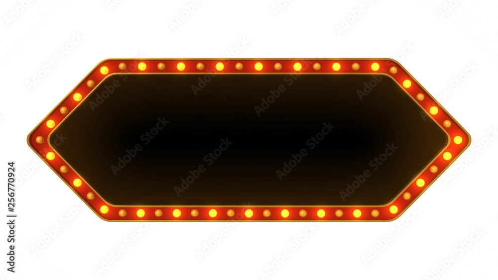 arrow marquee light board sign retro on white background. 3d rendering