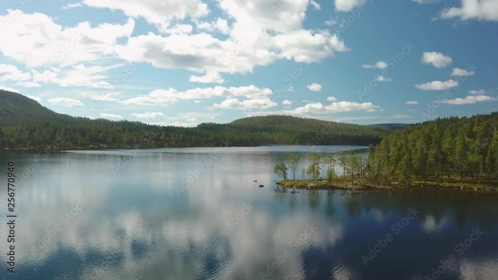 Panning drone shot over a calm lake in Finland with clouds reflected in it. Shot in 4K Panning drone shot over a calm lake in Finland with clouds reflected in it. Shot in 4K