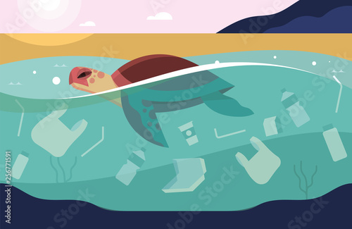 Sea turtle swimming in ocean with a lot of trash or rubbish, sea pollution with plastic and bottle garbage, marine pollution and environmental issue