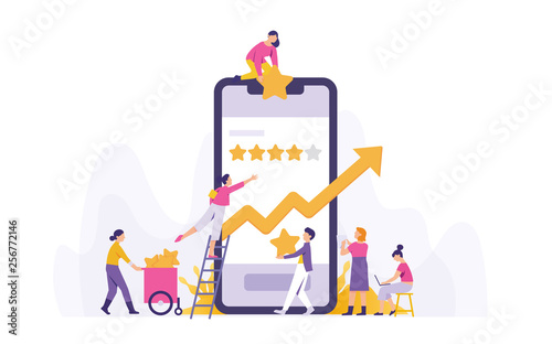 a group of people work together to always get the best stars for their business, team work hard to get five stars as god performance and good feed back and comment