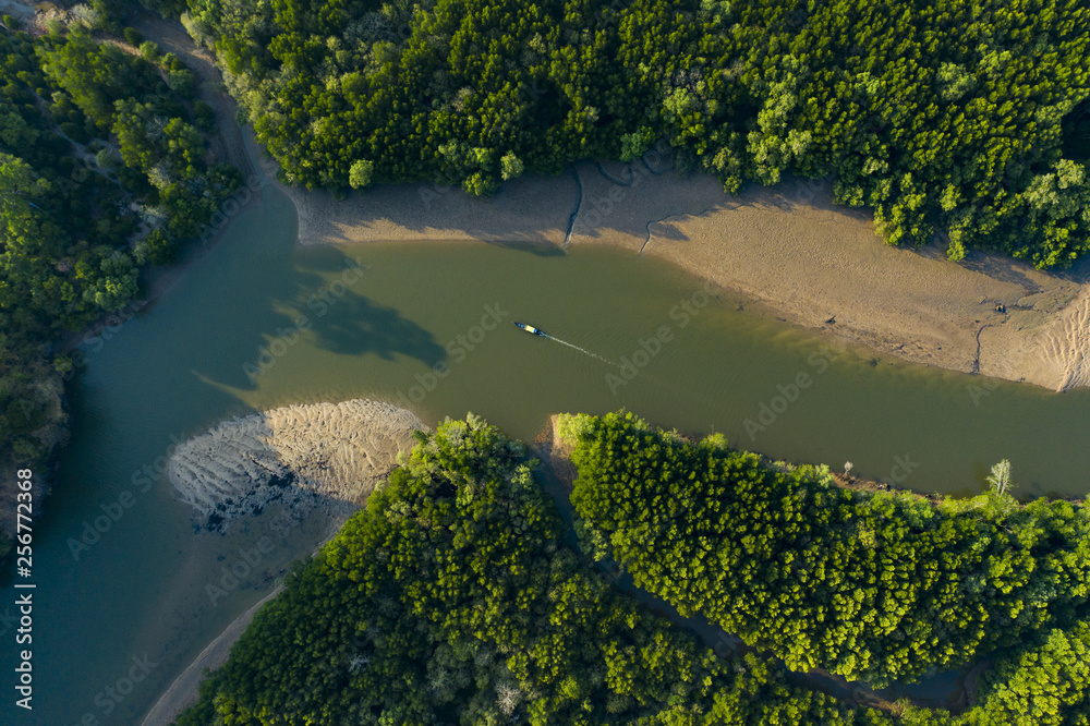 View from above, stunning aerial view of a traditional long tail boat that sails on a serpentine river flowing through a green tropical forest. Krabi, Thailand.