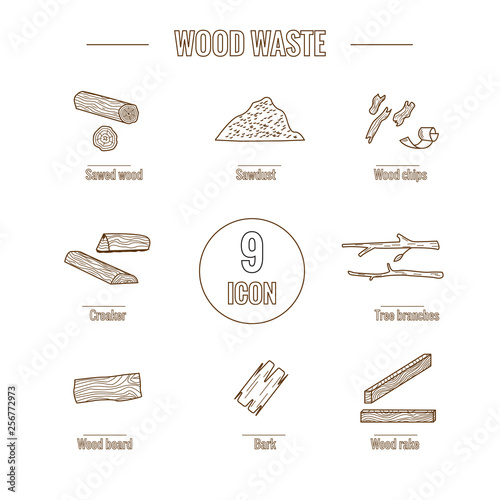 Line style icon collection - wood waste elements. 