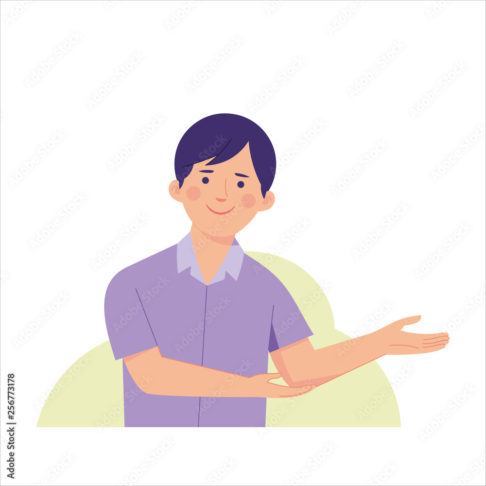 A man is raising his hands and introducing a something, friendly man concept A man is raising his hands and introducing a something, friendly man concept
