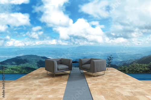 3D Rendering : illustration of resting area of balcony with two couch armchair sofa outdoor. high view. sun deck of resort. mountain view and blue sky with cloud. take a rest time concept.