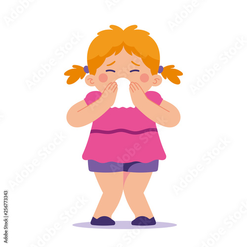 little girl sneezing with napkins, tissue, young girl suffering form flu