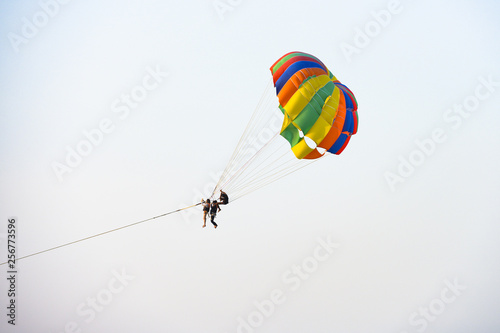 Three unidentified tourists do parasailing during sunset in Patong beach, Phuket, Thailand. Parasailing is a recreational kiting activity where a person is towed behind a vehicle (usually a boat).