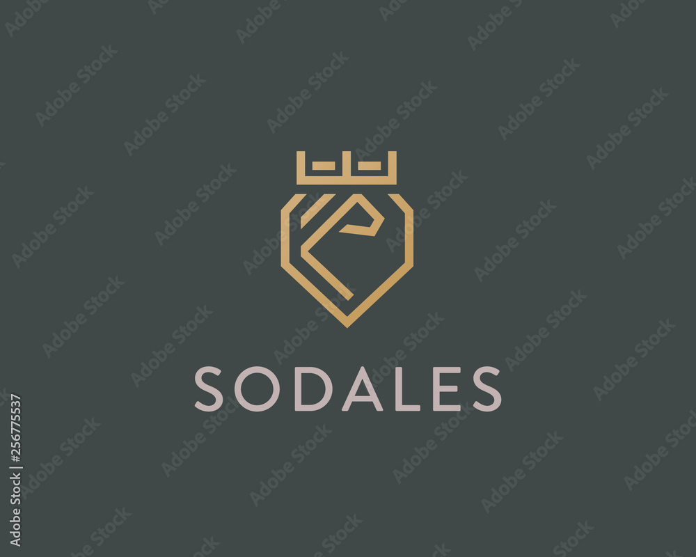Fototapeta premium Lion crown shield vector logotype. Linear premium logo.