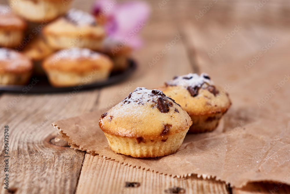 The two cupcakes with chocolate chips with powdered sugar lie on a kraft paper next to other cupcakes in a black baking sheet and orchid flower on a wooden background.