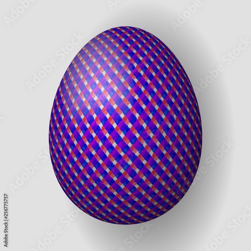 Perfectly rendered easter egg with red blue geometrical pattern on neutral background