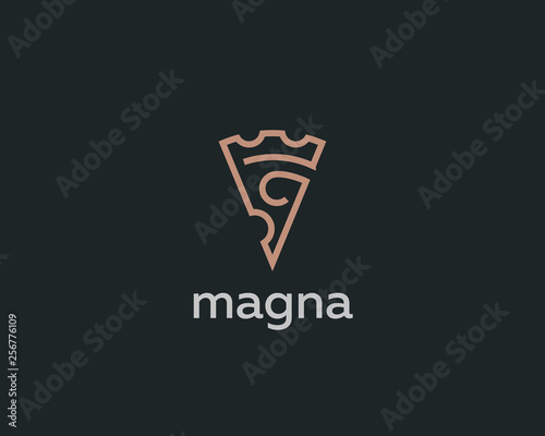 Pizza slice line logotype. Pizzeria crown vector logo design.