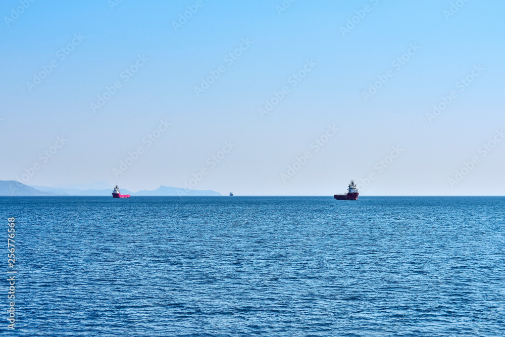 three ships intended for the transport of containers at anchorage in the sea