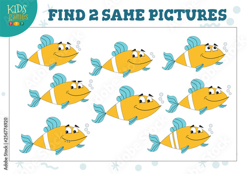 Find two same pictures kids game vector illustration