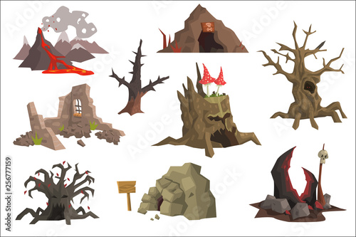 Flat vector set of landscape elements. Volcano with hot lava, ruins, swamp, old trees, cave, scary stump with mushrooms. Graphic design for gaming interface