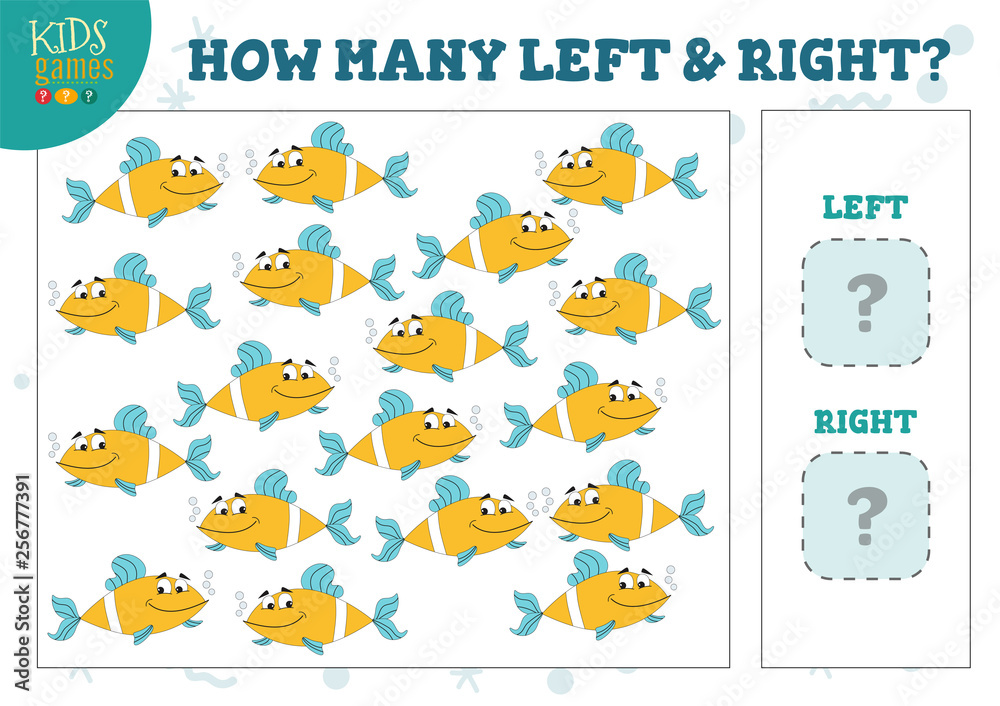 Fototapeta premium How many left and right cartoon fish kids development activity.