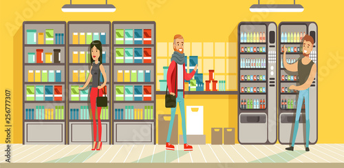 Buyers making purchase in supermarket, store shelves with drinks, supermarket interior design horizontal vector Illustration
