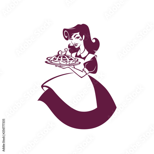 beauty retro pinup cartoon girl holding a delicious tasty cake, for your logo, label, emblem
