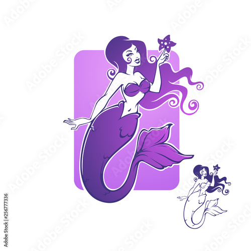 cartoon pimup mermaid, silhouette and color version for your logo, label, emblem