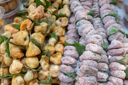Dried figs on a string sold at traditional street market. Croatia
