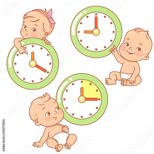 Little baby with clocks. Time for baby. Children sit, stand near big clock.