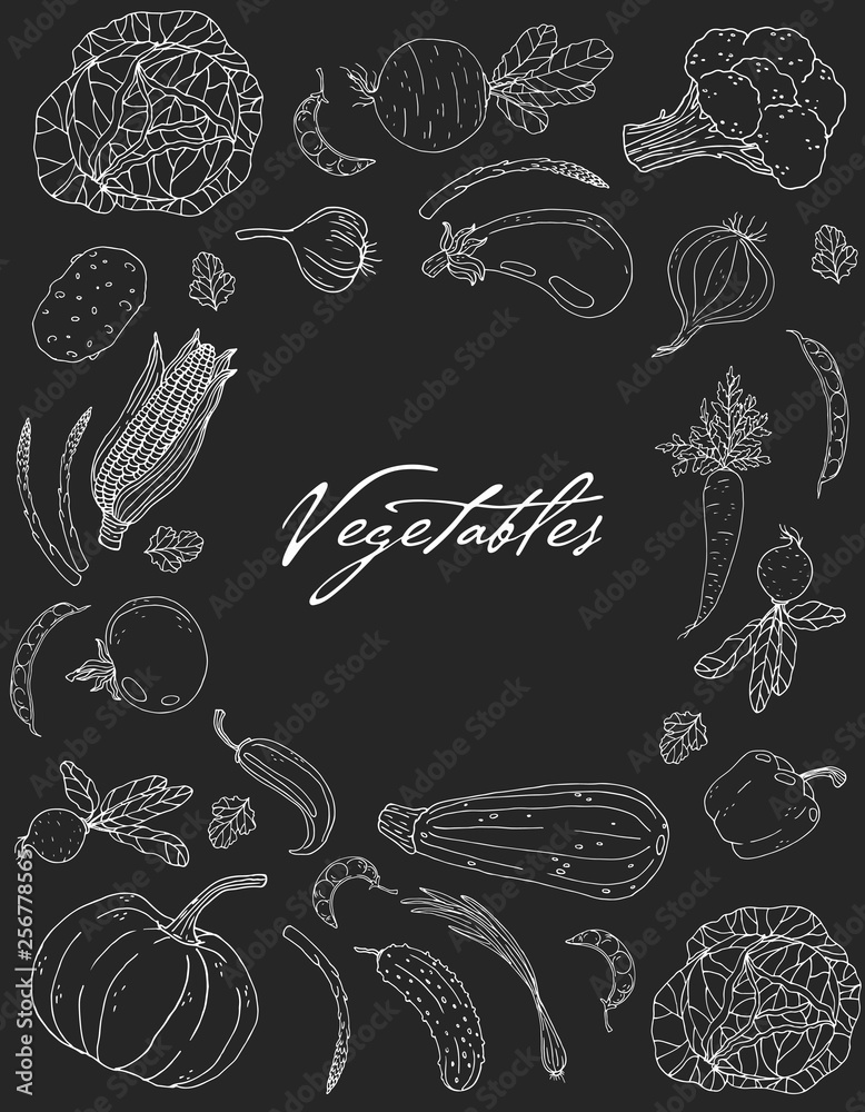 Poster with hand drawn vegetables on a chalkboard background. Poster with hand drawn vegetables on a chalkboard background.