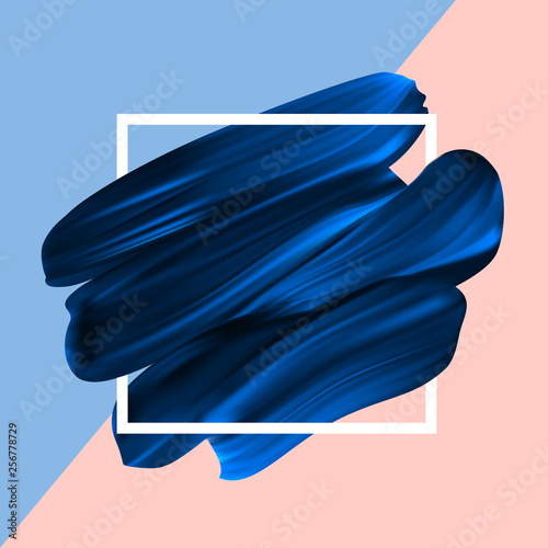 Blue vector lipstick smear. Female girly logo. Paint brush stroke in frame, banner template. Design element