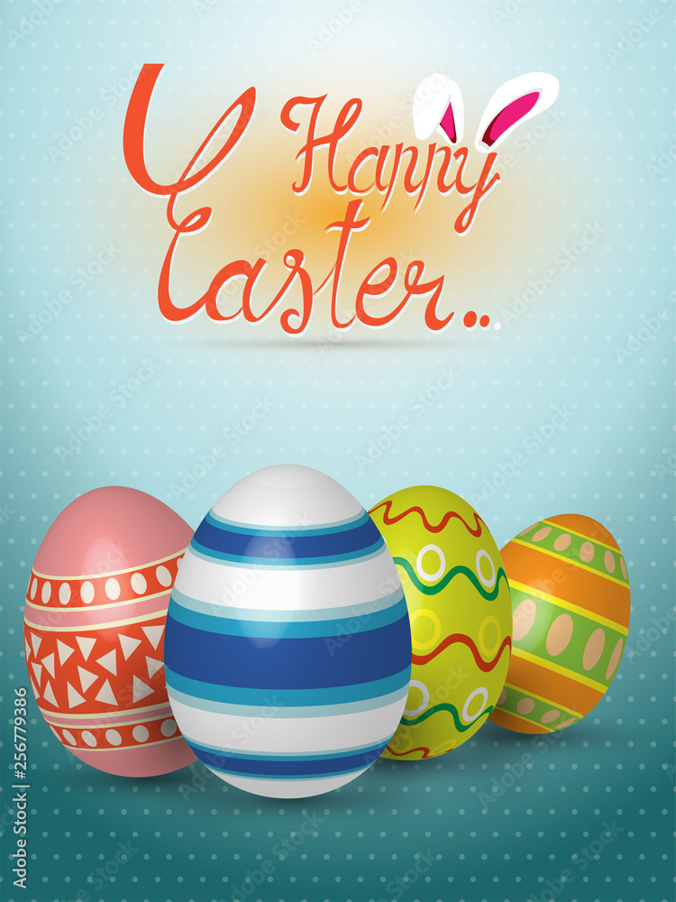 Collection of realistic 3D Easter eggs with different texture, pattern on retro pastel background