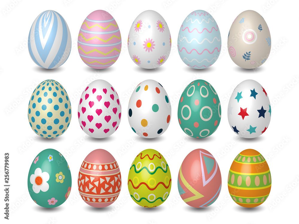 Realistic 3D Colored Easter eggs different texture, pattern on White background