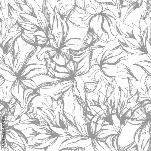 Background of contour gray flowers. Vintage texture for fabric, tile and paper decoration and wallpaper on the wall. © Irina