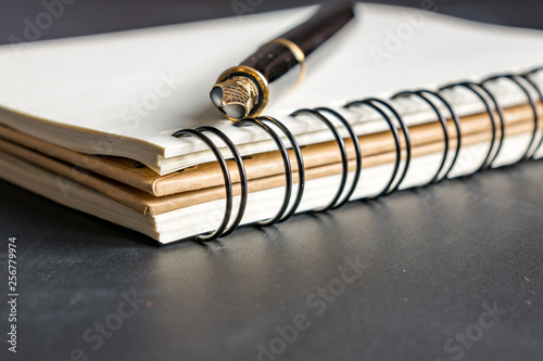 Close up of empty kraft notebook and black pen on black background