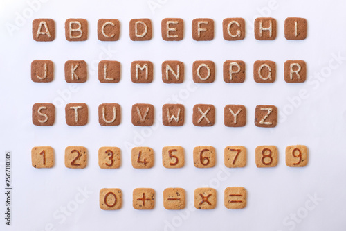 A set of letters and numbers from cookies. Alphabet and numbers.