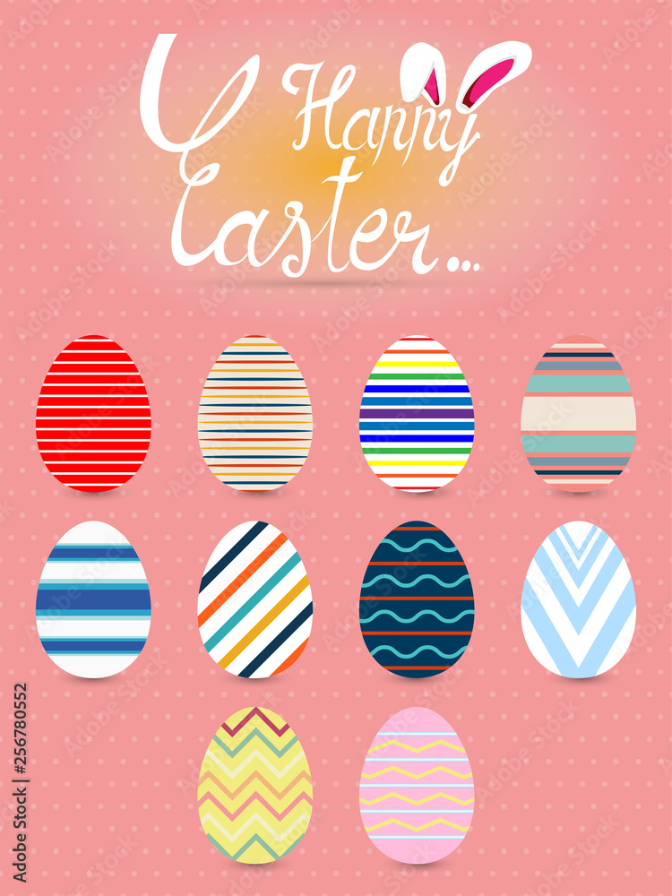 Collection of Easter eggs with different texture, pattern on retro pastel background Collection of Easter eggs with different texture, pattern on retro pastel background