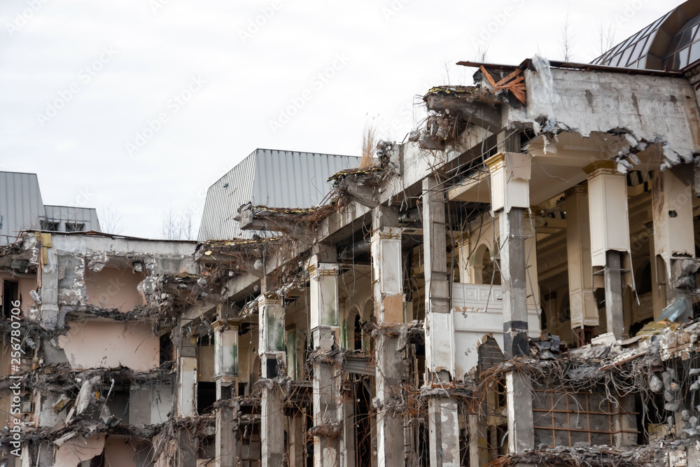 Destroyed building after demolition, man-made accident. Engineering and construction errors.