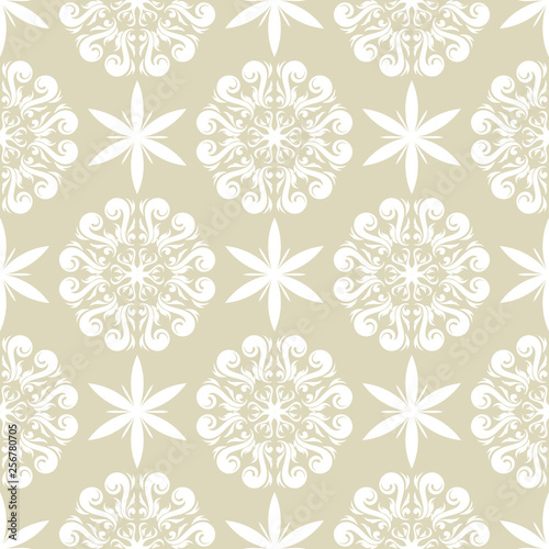 Floral print. White pattern on olive green seamless background