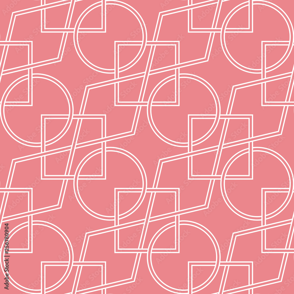 Geometric mixed seamless pattern. White ornament on pink background